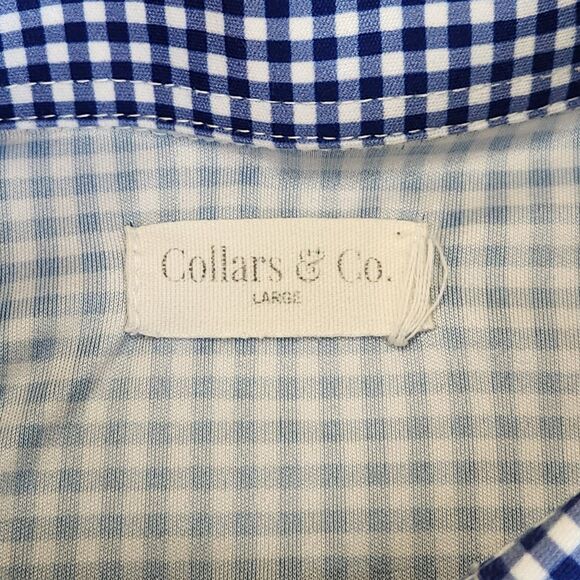 Collars & Co Dress Collar Polo Shirt Men's L Blue Gingham Long Sleeve Stretch - Picture 2 of 4